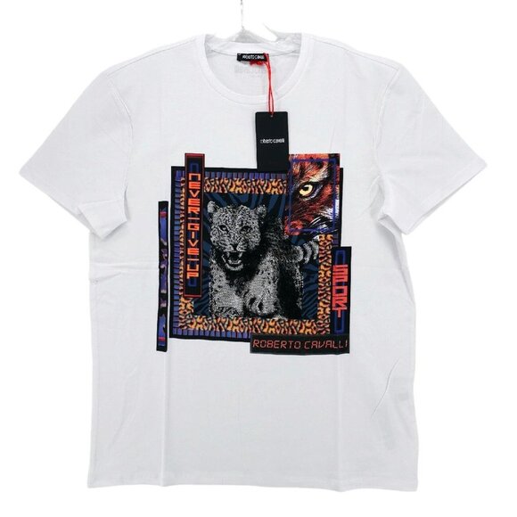 NWT ROBERTO CAVALLI Graphic Men's T-Shirt Beaded Animals Never Give Up Size XL